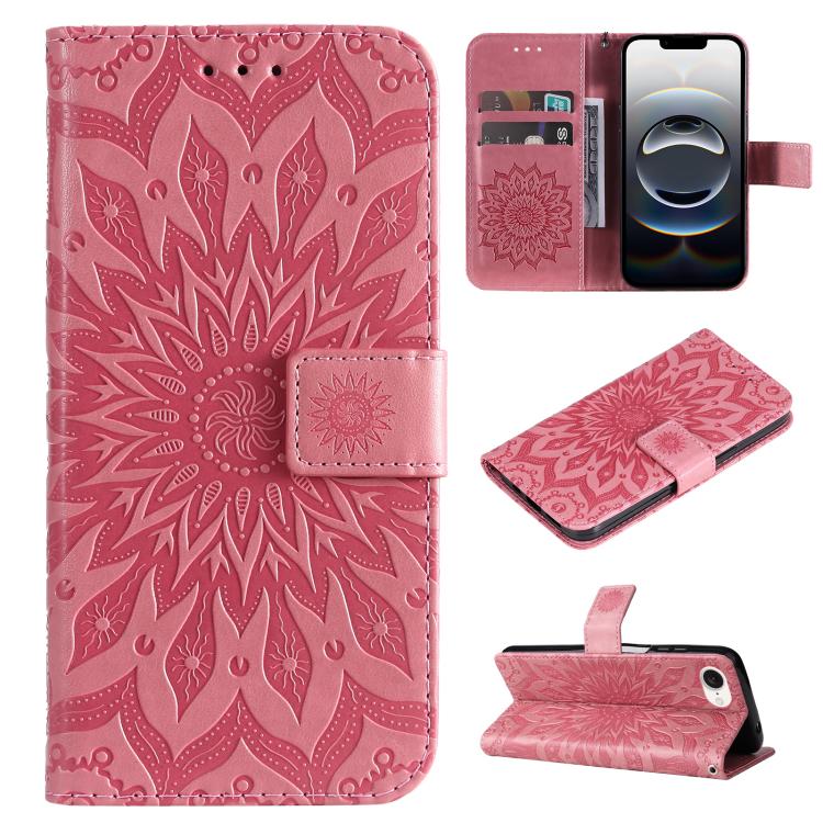 For iPhone 16e Embossed Sunflower Pattern Flip Leather Phone Case(Pink) by buy2fix