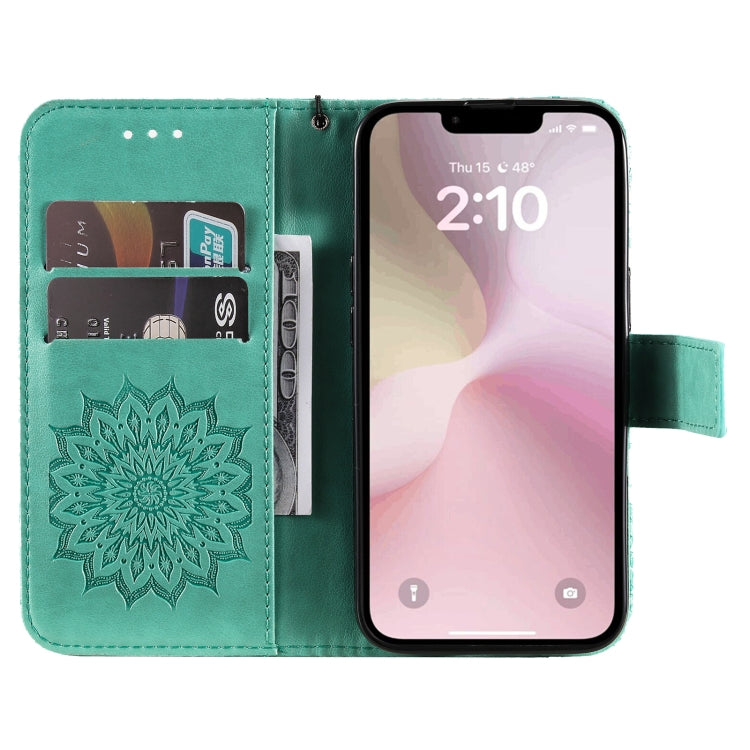 For iPhone 16e Embossed Sunflower Pattern Flip Leather Phone Case(Green) by buy2fix