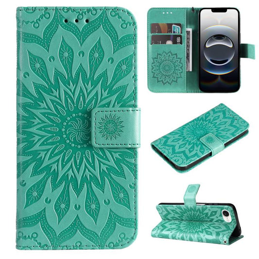 For iPhone 16e Embossed Sunflower Pattern Flip Leather Phone Case(Green) by buy2fix