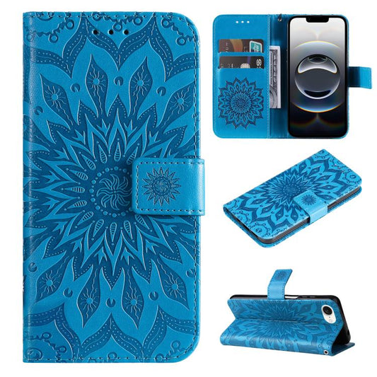 For iPhone 16e Embossed Sunflower Pattern Flip Leather Phone Case(Blue) by buy2fix