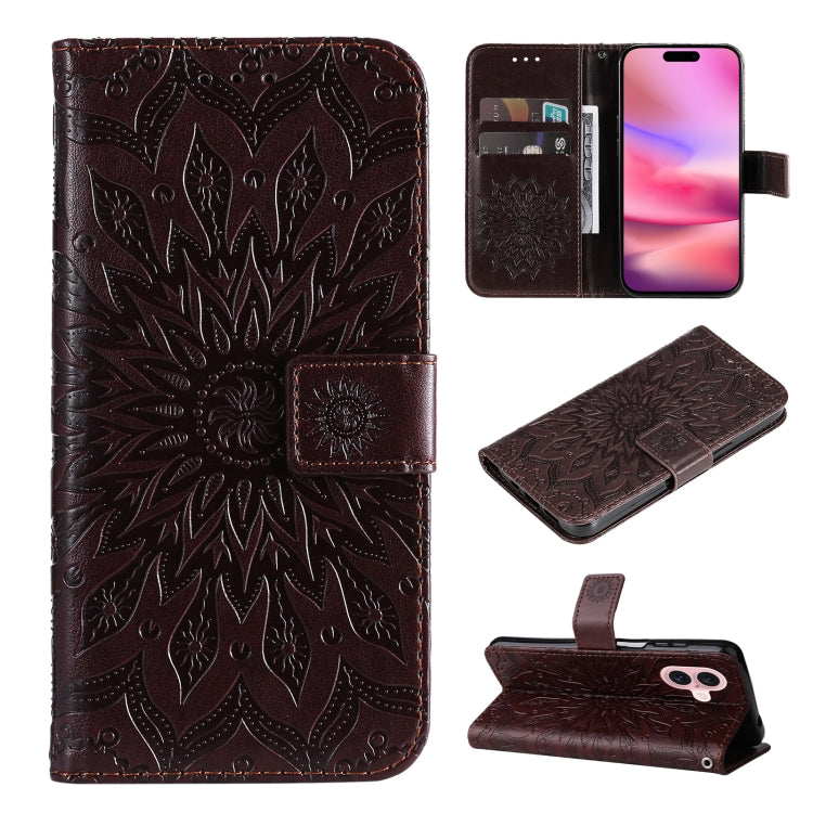 For iPhone 16 Embossed Sunflower Pattern Flip Leather Phone Case(Brown) by buy2fix
