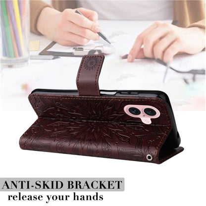 For iPhone 16 Embossed Sunflower Pattern Flip Leather Phone Case(Brown) by buy2fix