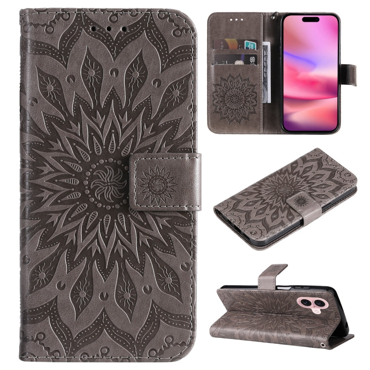 For iPhone 16 Embossed Sunflower Pattern Flip Leather Phone Case(Grey) by buy2fix