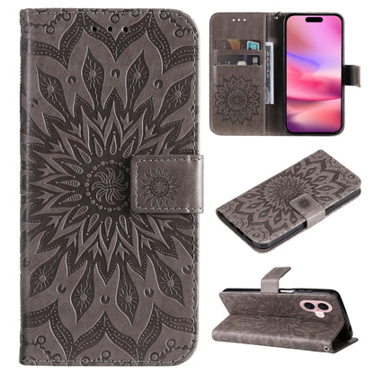 For iPhone 16 Embossed Sunflower Pattern Flip Leather Phone Case(Grey) by buy2fix