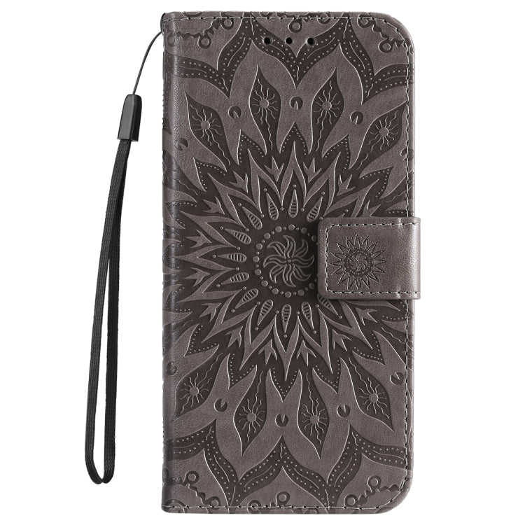 For iPhone 16 Embossed Sunflower Pattern Flip Leather Phone Case(Grey) by buy2fix