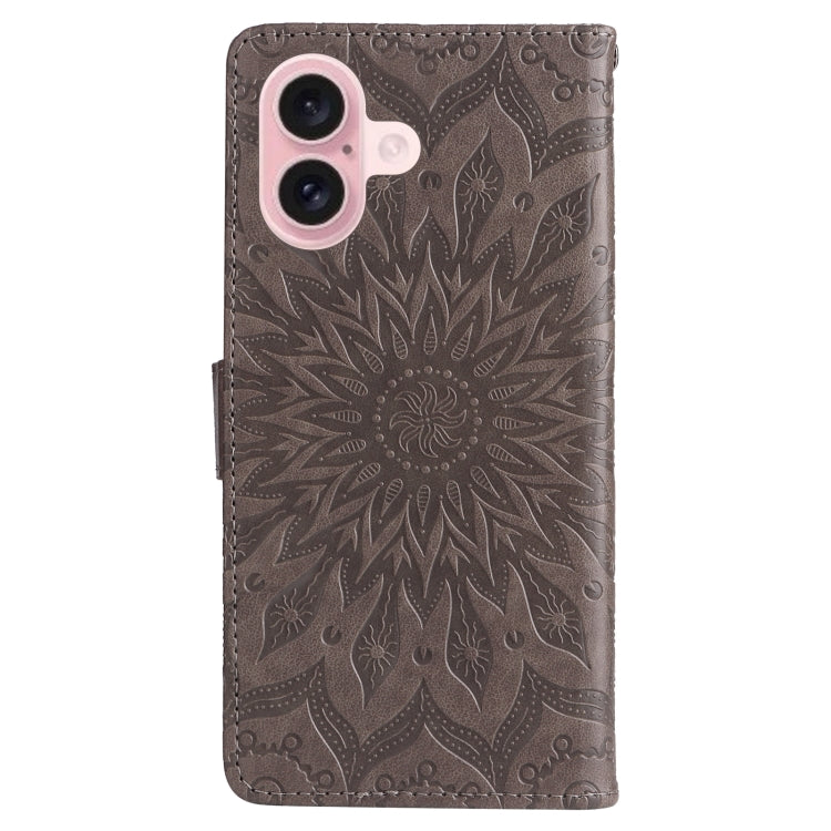 For iPhone 16 Embossed Sunflower Pattern Flip Leather Phone Case(Grey) by buy2fix