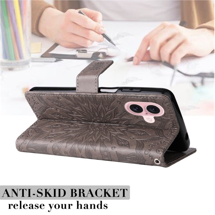 For iPhone 16 Embossed Sunflower Pattern Flip Leather Phone Case(Grey) by buy2fix