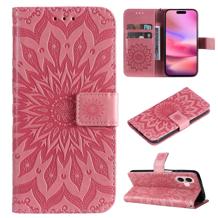 For iPhone 16 Embossed Sunflower Pattern Flip Leather Phone Case(Pink) by buy2fix