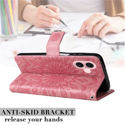 For iPhone 16 Embossed Sunflower Pattern Flip Leather Phone Case(Pink) by buy2fix