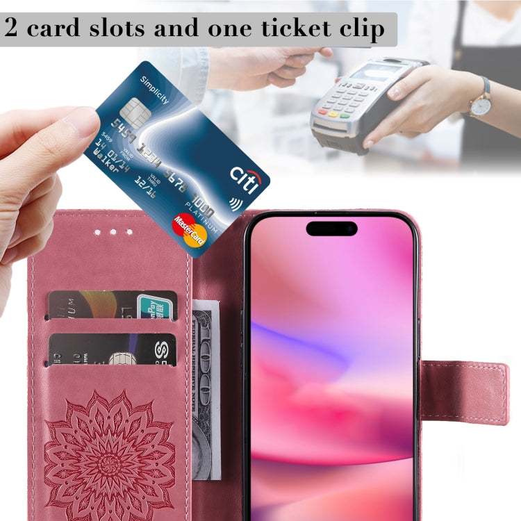 For iPhone 16 Embossed Sunflower Pattern Flip Leather Phone Case(Pink) by buy2fix
