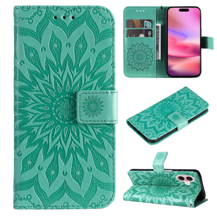 For iPhone 16 Embossed Sunflower Pattern Flip Leather Phone Case(Green) - iPhone 16 Cases by buy2fix | Online Shopping UK | buy2fix