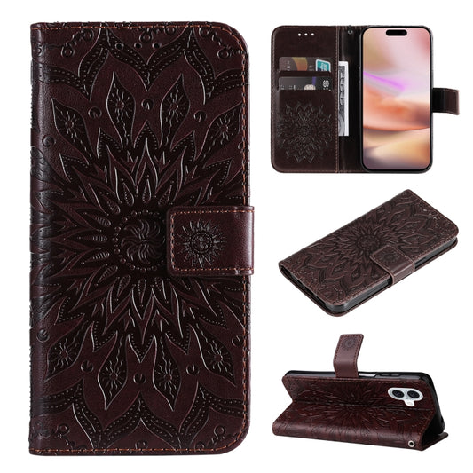 For iPhone 16 Plus Embossed Sunflower Pattern Flip Leather Phone Case(Brown) by buy2fix