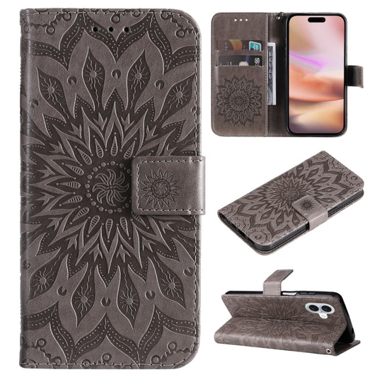 For iPhone 16 Plus Embossed Sunflower Pattern Flip Leather Phone Case(Grey) by buy2fix
