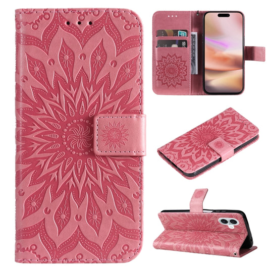 For iPhone 16 Plus Embossed Sunflower Pattern Flip Leather Phone Case(Pink) by buy2fix