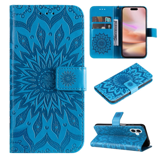 For iPhone 16 Plus Embossed Sunflower Pattern Flip Leather Phone Case(Blue) by buy2fix
