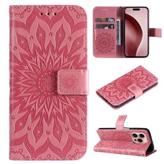 For iPhone 16 Pro Embossed Sunflower Pattern Flip Leather Phone Case(Pink) - iPhone 16 Pro Cases by buy2fix | Online Shopping UK | buy2fix