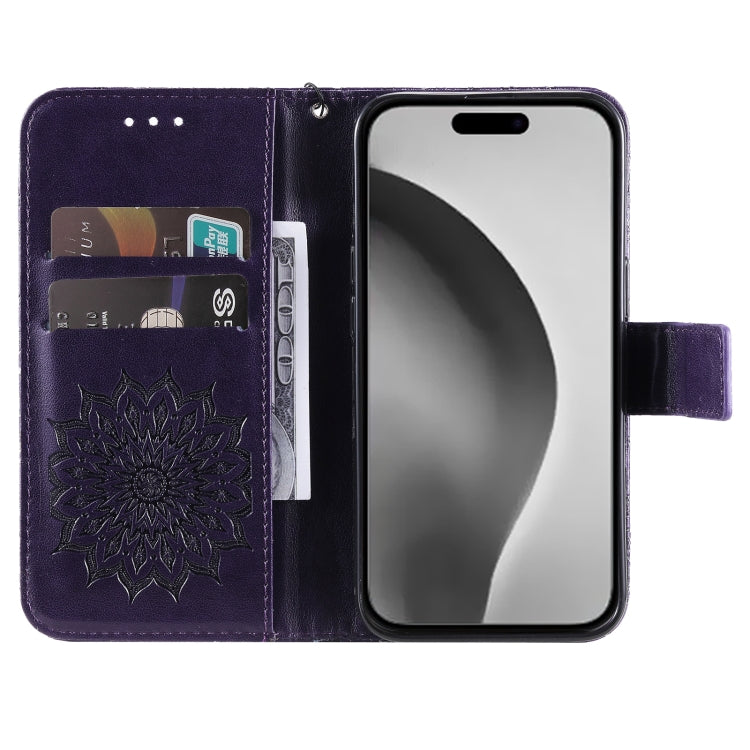 For iPhone 16 Pro Max Embossed Sunflower Pattern Flip Leather Phone Case(Purple) - iPhone 16 Pro Max Cases by buy2fix | Online Shopping UK | buy2fix