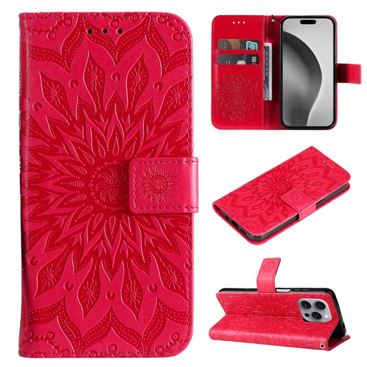 For iPhone 16 Pro Max Embossed Sunflower Pattern Flip Leather Phone Case(Red) - iPhone 16 Pro Max Cases by buy2fix | Online Shopping UK | buy2fix