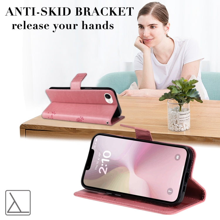 For iPhone 16e Tree & Cat Embossed Pattern Flip Leather Phone Case(Pink) by buy2fix