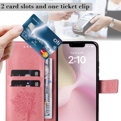 For iPhone 16e Tree & Cat Embossed Pattern Flip Leather Phone Case(Pink) by buy2fix
