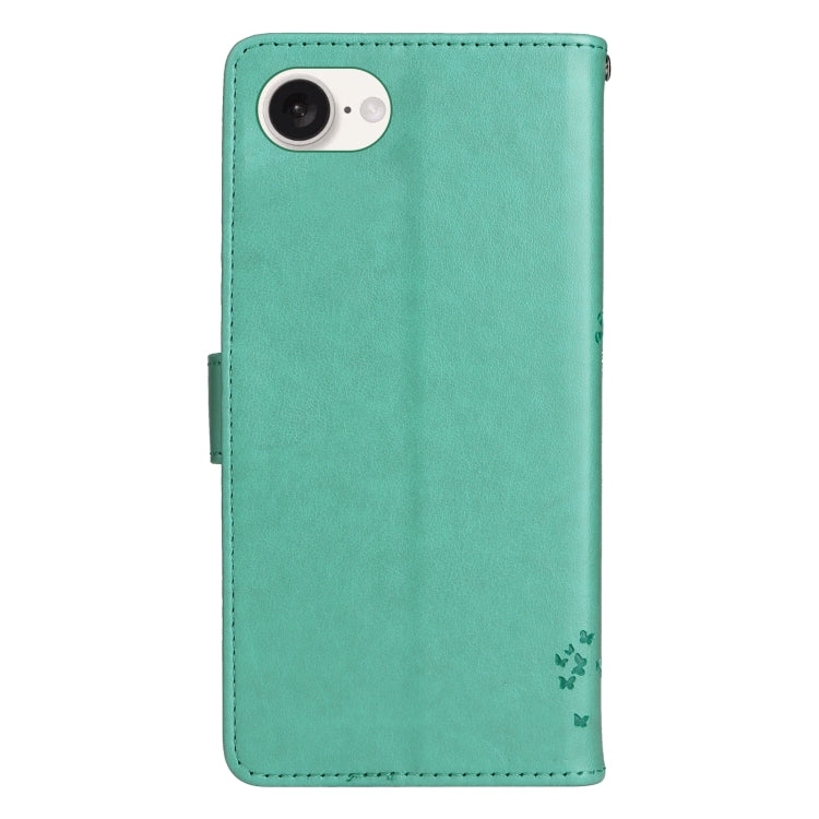 For iPhone 16e Tree & Cat Embossed Pattern Flip Leather Phone Case(Green) by buy2fix