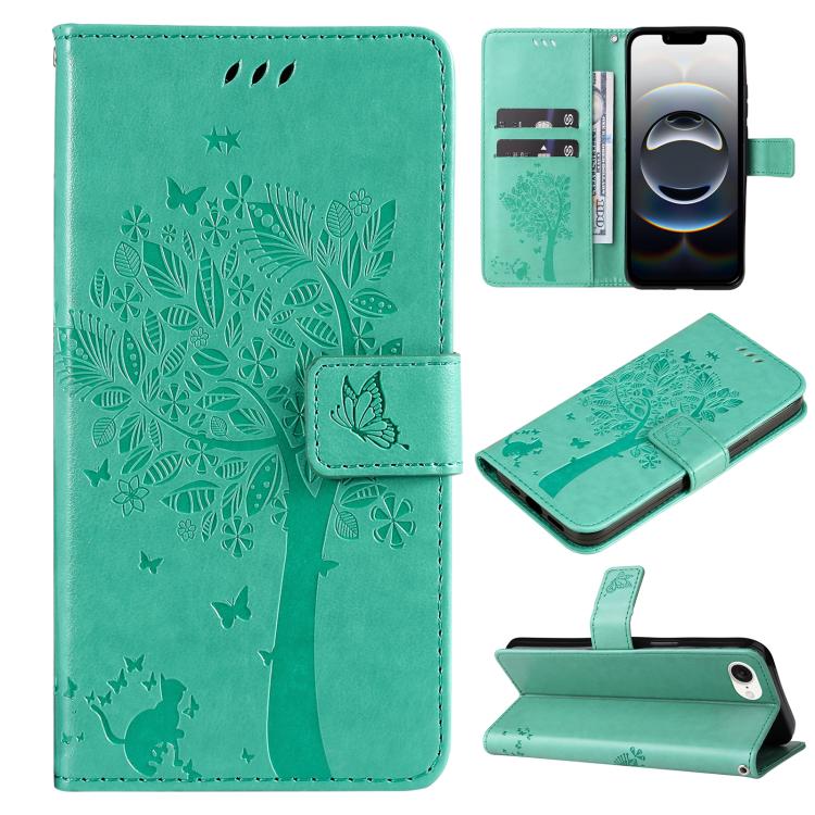 For iPhone 16e Tree & Cat Embossed Pattern Flip Leather Phone Case(Green) by buy2fix