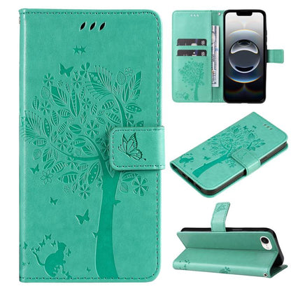 For iPhone 16e Tree & Cat Embossed Pattern Flip Leather Phone Case(Green) by buy2fix