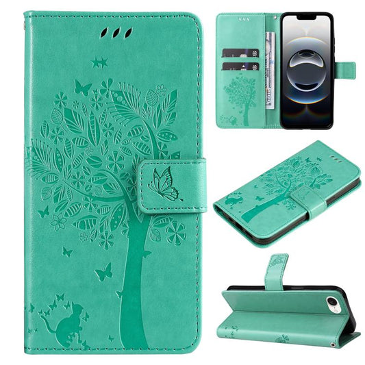 For iPhone 16e Tree & Cat Embossed Pattern Flip Leather Phone Case(Green) by buy2fix