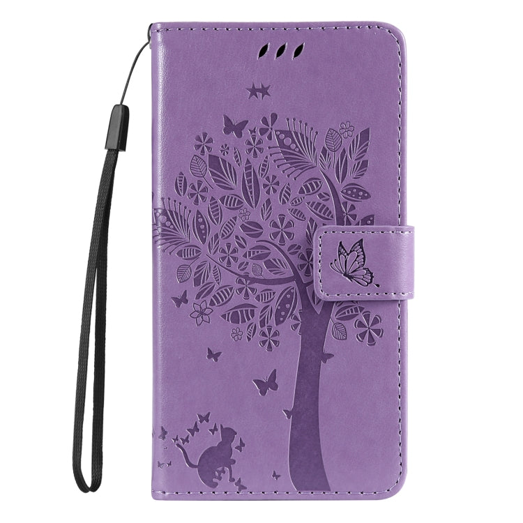 For iPhone 16e Tree & Cat Embossed Pattern Flip Leather Phone Case(Light Purple) by buy2fix