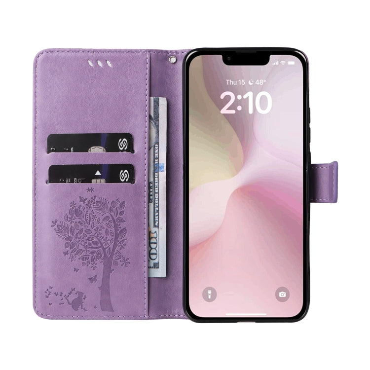 For iPhone 16e Tree & Cat Embossed Pattern Flip Leather Phone Case(Light Purple) by buy2fix