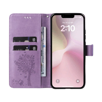For iPhone 16e Tree & Cat Embossed Pattern Flip Leather Phone Case(Light Purple) by buy2fix