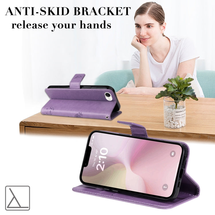 For iPhone 16e Tree & Cat Embossed Pattern Flip Leather Phone Case(Light Purple) by buy2fix