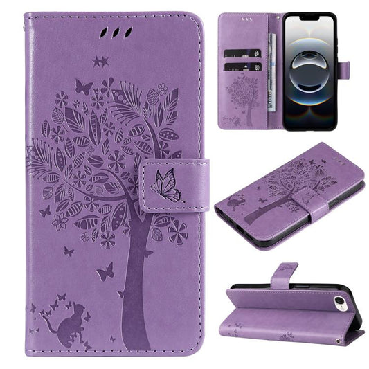 For iPhone 16e Tree & Cat Embossed Pattern Flip Leather Phone Case(Light Purple) by buy2fix