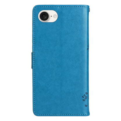 For iPhone 16e Tree & Cat Embossed Pattern Flip Leather Phone Case(Blue) by buy2fix