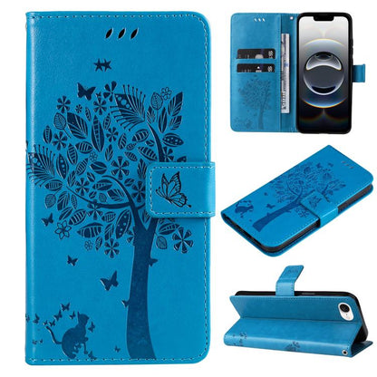 For iPhone 16e Tree & Cat Embossed Pattern Flip Leather Phone Case(Blue) by buy2fix