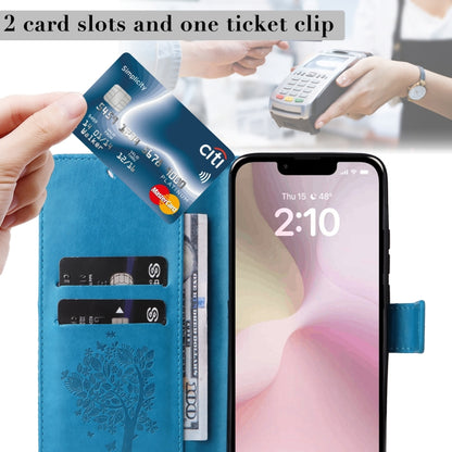 For iPhone 16e Tree & Cat Embossed Pattern Flip Leather Phone Case(Blue) by buy2fix