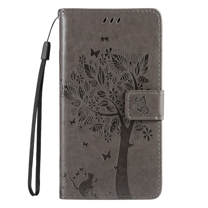 For iPhone 16e Tree & Cat Embossed Pattern Flip Leather Phone Case(Grey) by buy2fix