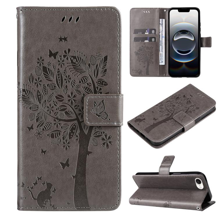 For iPhone 16e Tree & Cat Embossed Pattern Flip Leather Phone Case(Grey) by buy2fix