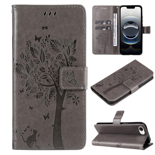 For iPhone 16e Tree & Cat Embossed Pattern Flip Leather Phone Case(Grey) by buy2fix