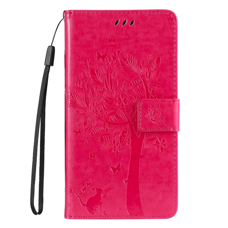 For iPhone SE 2024 Tree & Cat Embossed Pattern Flip Leather Phone Case(Rose Red) - More iPhone Cases by buy2fix | Online Shopping UK | buy2fix