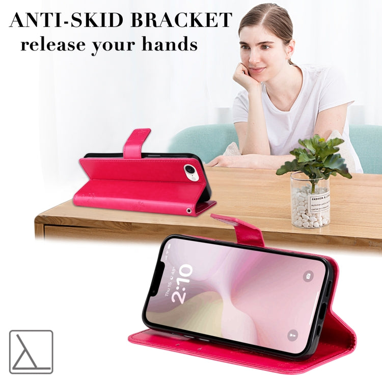 For iPhone 16e Tree & Cat Embossed Pattern Flip Leather Phone Case(Rose Red) by buy2fix