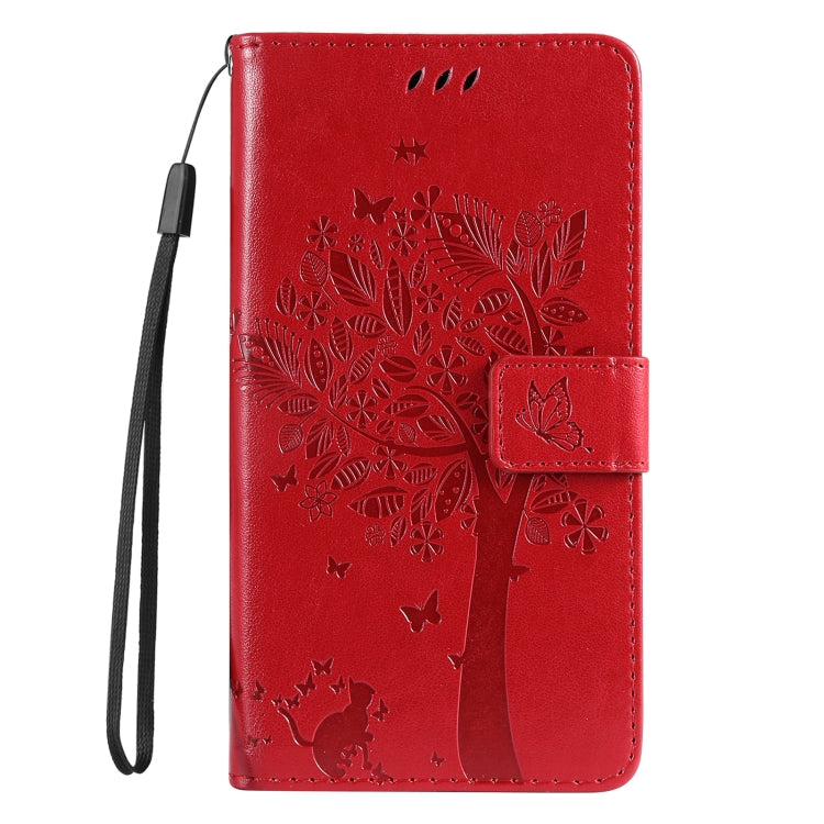 For iPhone SE 2024 Tree & Cat Embossed Pattern Flip Leather Phone Case(Red) - More iPhone Cases by buy2fix | Online Shopping UK | buy2fix