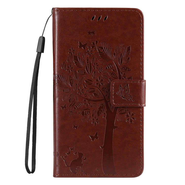 For iPhone 16e Tree & Cat Embossed Pattern Flip Leather Phone Case(Coffee) by buy2fix