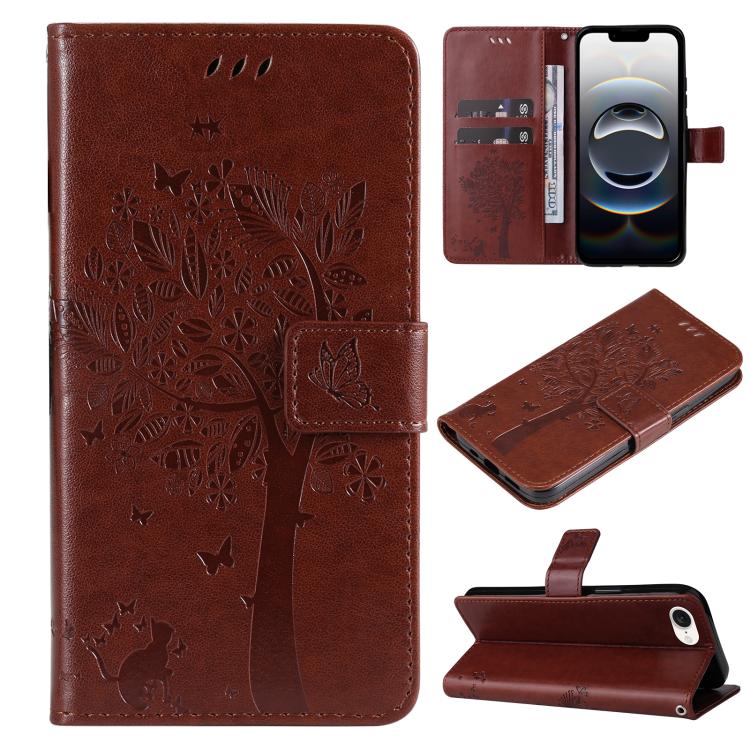 For iPhone 16e Tree & Cat Embossed Pattern Flip Leather Phone Case(Coffee) by buy2fix