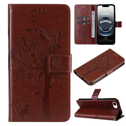 For iPhone 16e Tree & Cat Embossed Pattern Flip Leather Phone Case(Coffee) by buy2fix