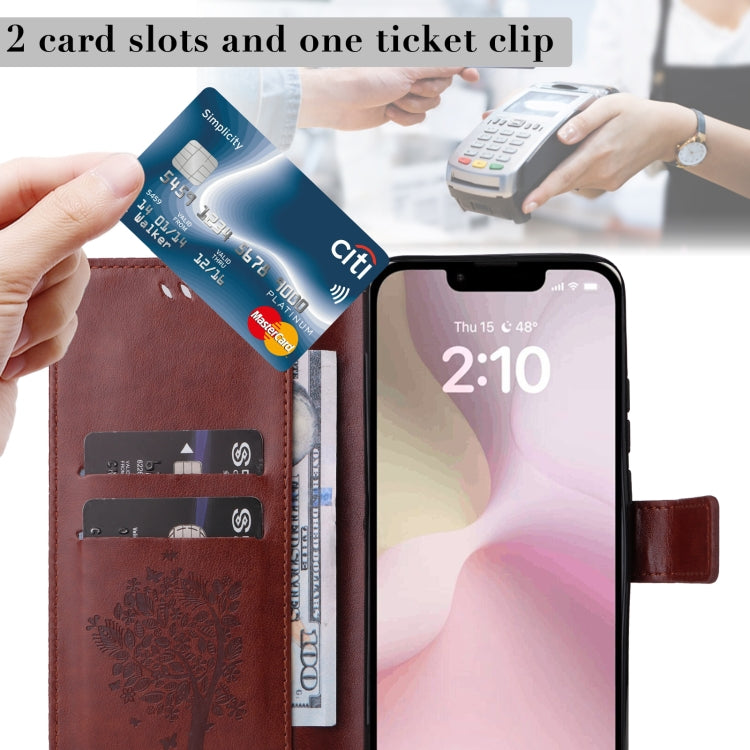 For iPhone 16e Tree & Cat Embossed Pattern Flip Leather Phone Case(Coffee) by buy2fix