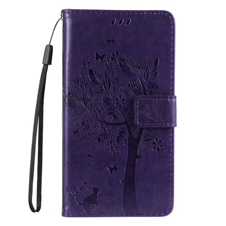 For iPhone 16e Tree & Cat Embossed Pattern Flip Leather Phone Case(Purple) by buy2fix