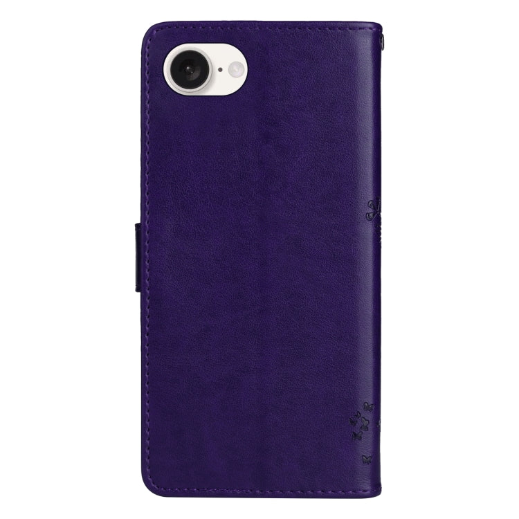 For iPhone 16e Tree & Cat Embossed Pattern Flip Leather Phone Case(Purple) by buy2fix