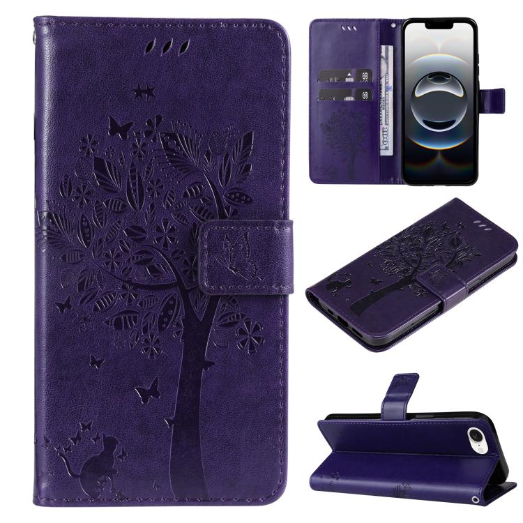 For iPhone 16e Tree & Cat Embossed Pattern Flip Leather Phone Case(Purple) by buy2fix