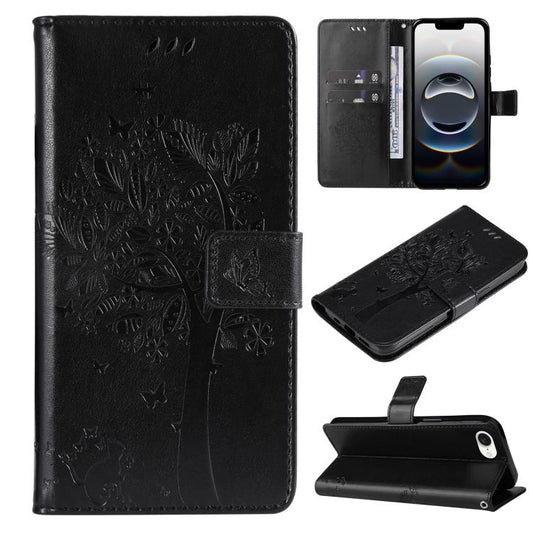 For iPhone 16e Tree & Cat Embossed Pattern Flip Leather Phone Case(Black) by buy2fix